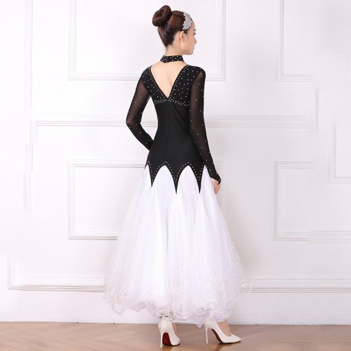 Black white competition Ballroom Dancing Dresses for Women Girls with Gemstones Bling Professional Waltz Tango Performance Costumes For Female
